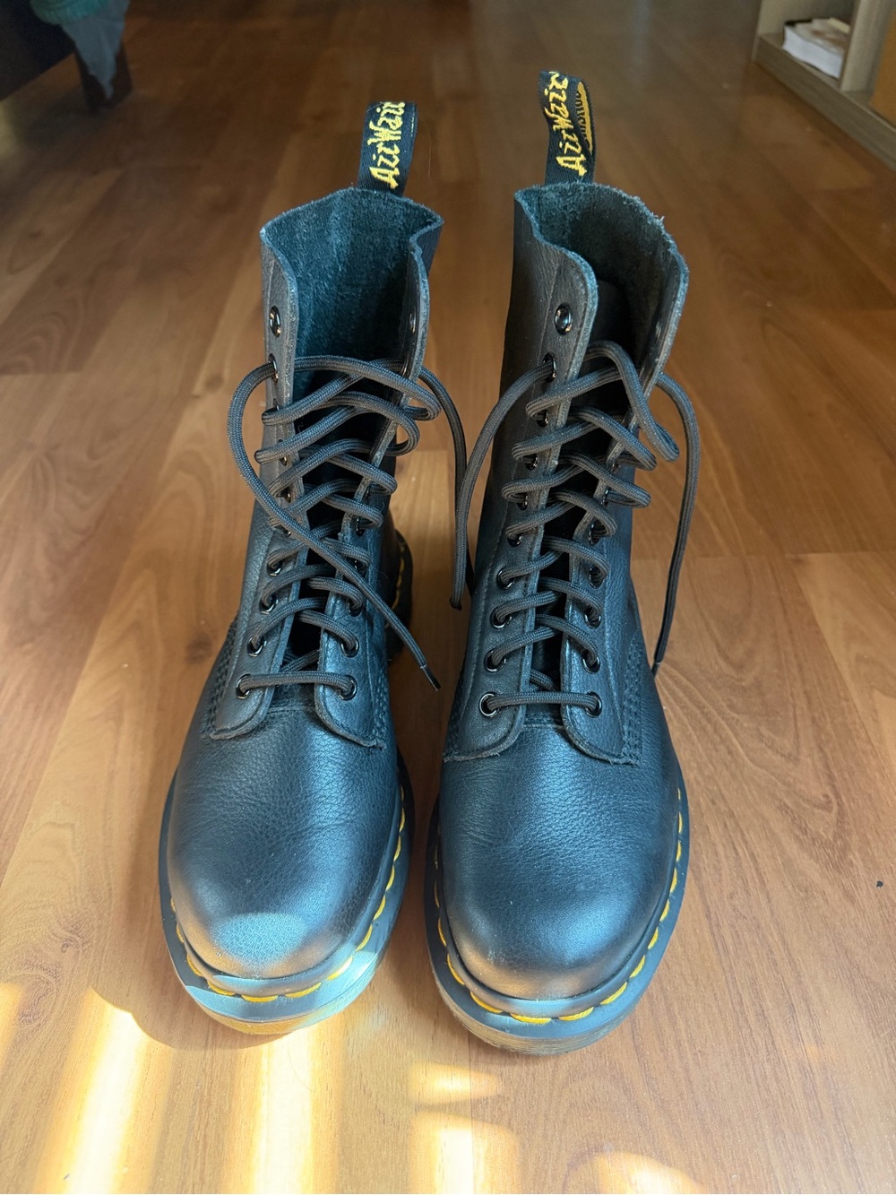 Dr. Martens Black Leather 8-Eye Lace-Up Boots with Yellow Stitching